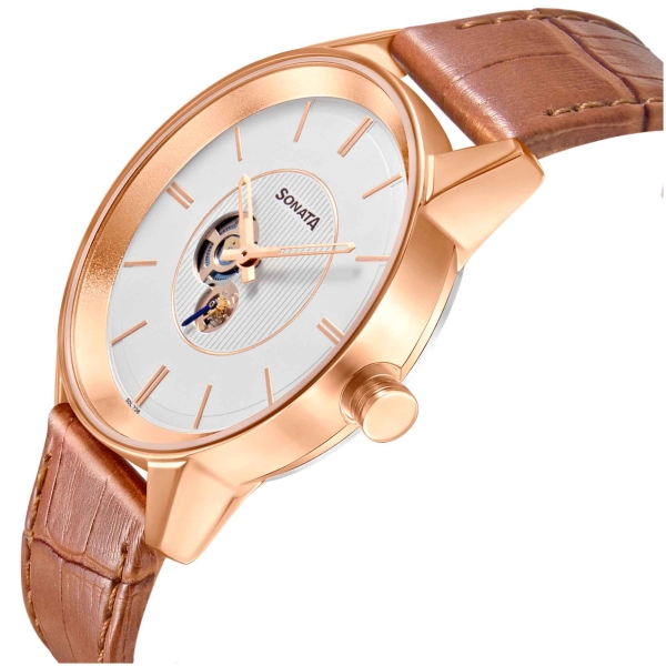 Sonata Quartz Multifunction Silver Dial Leather Strap Watch for Men - Image 2