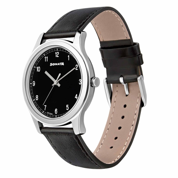 Sonata Quartz Analog Black Dial Leather Strap Watch for Men - Image 2