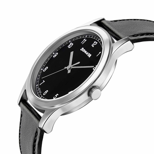 Sonata Quartz Analog Black Dial Leather Strap Watch for Men - Image 3