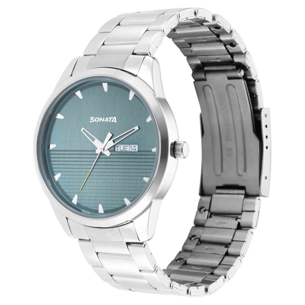 Sonata Quartz Analog with Day and Date Blue Dial Stainless Steel Strap Watch for Men - Image 2