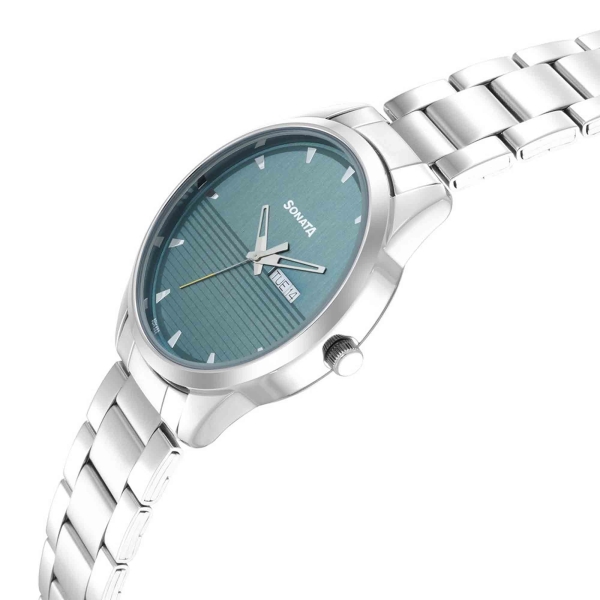 Sonata Quartz Analog with Day and Date Blue Dial Stainless Steel Strap Watch for Men - Image 3