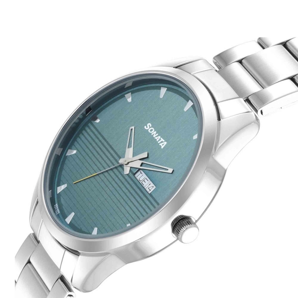 Sonata Quartz Analog with Day and Date Blue Dial Stainless Steel Strap Watch for Men - Image 5