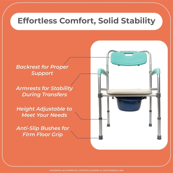 Commode - Soft Seat, Folding Aluminum Frame, Armrest & Backrest, Removable Bin with Lid - Image 4