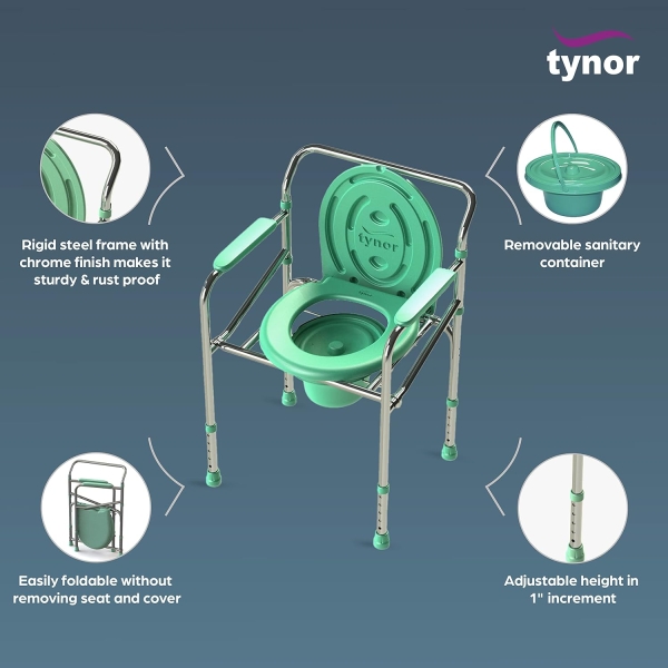 Tynor Commode Chair, for Elderly & Disabled Foldable Portable Toilet Chair with Adjustable Height Comfortable Padded Seat - Image 2