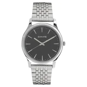 Sonata Quartz Analog Black Dial Stainless Steel Strap Watch for Men