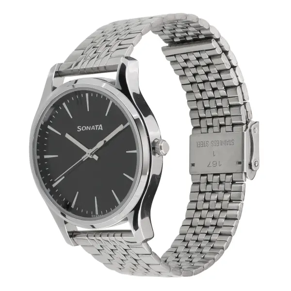 Sonata Quartz Analog Black Dial Stainless Steel Strap Watch for Men - Image 2
