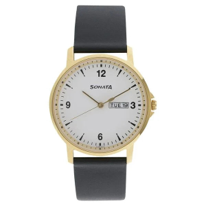 Sonata Quartz Analog with Day and Date White Dial Leather Strap Watch for Men