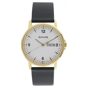 Sonata Quartz Analog with Day and Date White Dial Leather Strap Watch for Men