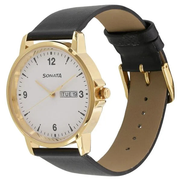 Sonata Quartz Analog with Day and Date White Dial Leather Strap Watch for Men - Image 2