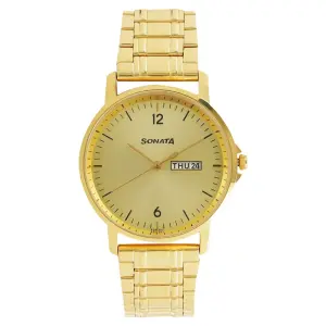 Sonata Quartz Analog with Day and Date Champagne Dial Stainless Steel Strap Watch for Men