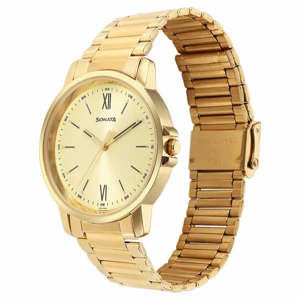 Sonata Traditional Essentials Quartz Analog Champagne Dial Stainless Steel Strap Watch for Men - Image 2