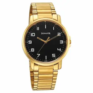 Sonata Traditional Essentials Quartz Analog Black Dial Stainless Steel Strap Watch for Men