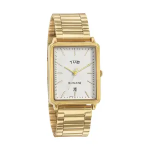 Sonata Quartz Analog with Day and Date White Dial Stainless Steel Strap Watch for Men