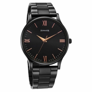 Sonata Black Dial Stainless Steel Strap Analog Watch for Men