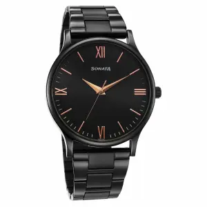 Sonata Black Dial Stainless Steel Strap Analog Watch for Men