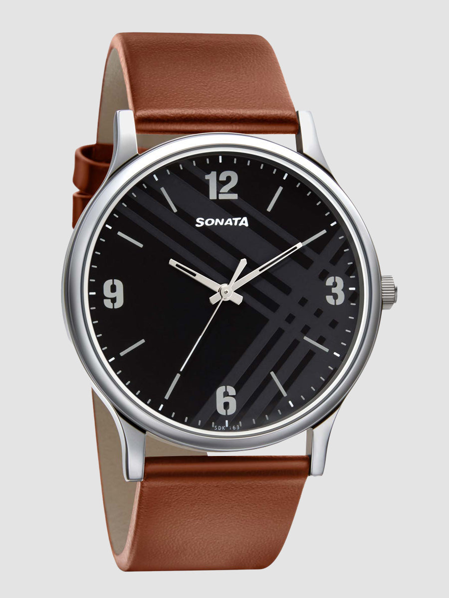 Sonata Smart Plaid from Black Dial Analog Watch for Men 77105SL02