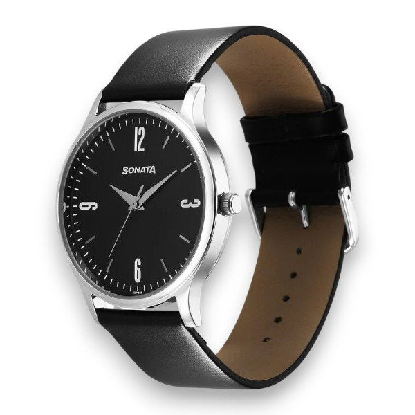 Sonata Aspire Quartz Analog Black Dial Leather Strap Watch for Men 77105SL14 - Image 2
