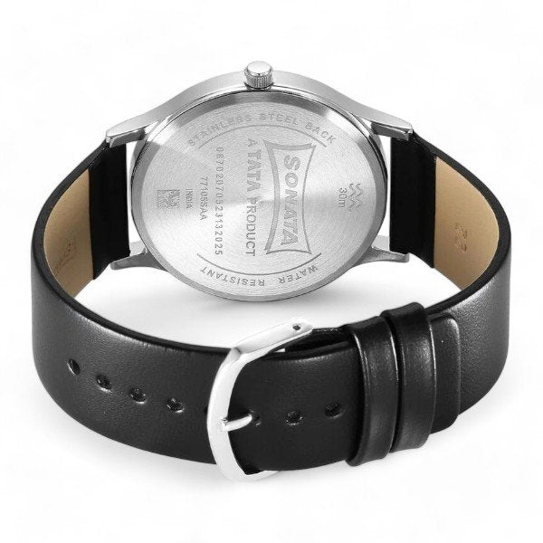 Sonata Aspire Quartz Analog Black Dial Leather Strap Watch for Men 77105SL14 - Image 3