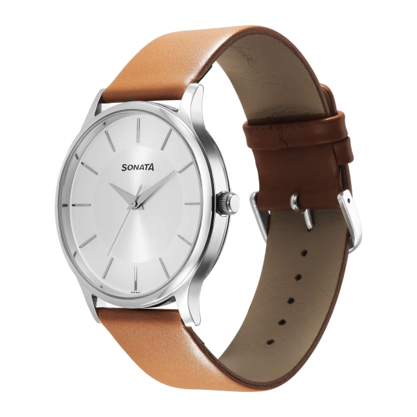 Sonata Aspire Quartz Analog Silver Dial Leather Strap Watch for Men - Image 3