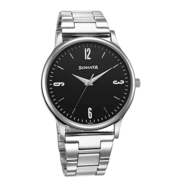 Sonata Aspire Quartz Analog Black Dial Stainless Steel Strap Watch for Men - Image 2