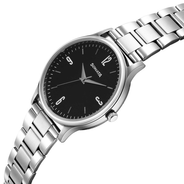 Sonata Aspire Quartz Analog Black Dial Stainless Steel Strap Watch for Men - Image 3