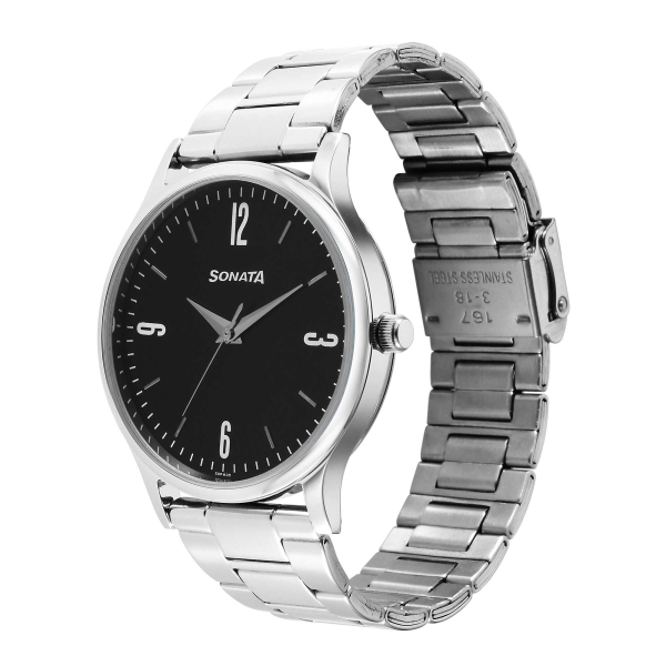 Sonata Aspire Quartz Analog Black Dial Stainless Steel Strap Watch for Men - Image 4