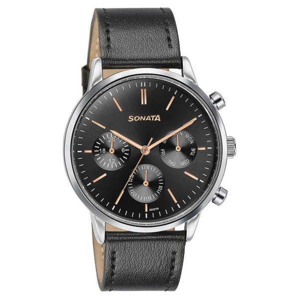 Sonata Quartz Multifunction Black Dial Black Leather Strap Watch For Men - Image 2