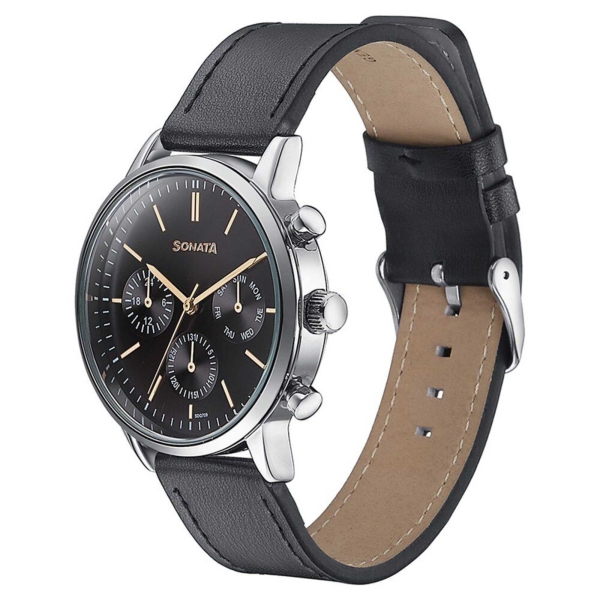 Sonata Quartz Multifunction Black Dial Black Leather Strap Watch For Men - Image 3