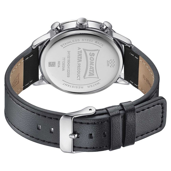 Sonata Quartz Multifunction Black Dial Black Leather Strap Watch For Men - Image 5