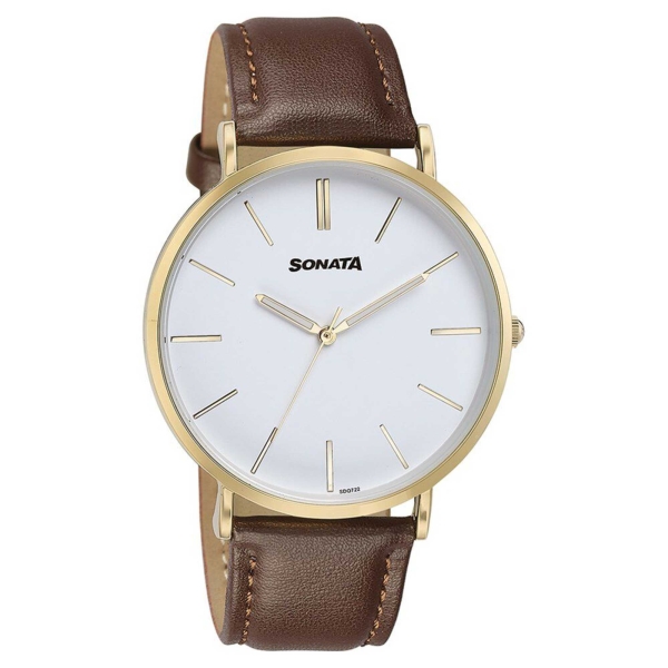 Sonata Quartz Analog White Dial Brown Leather Strap Watch For Men - Image 2
