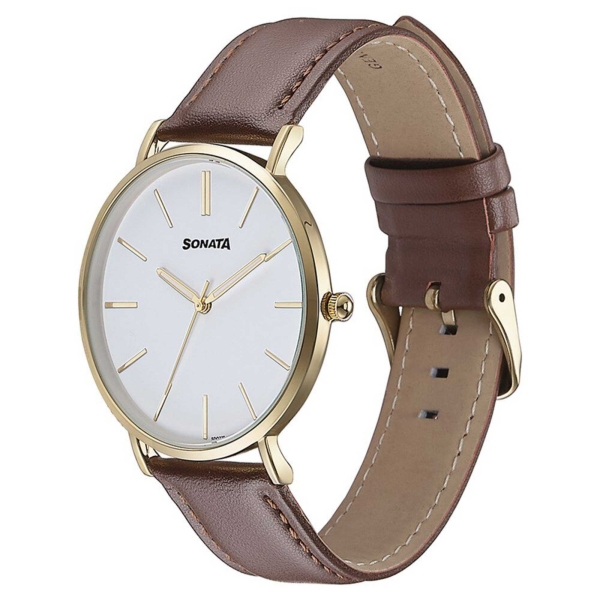 Sonata Quartz Analog White Dial Brown Leather Strap Watch For Men - Image 3