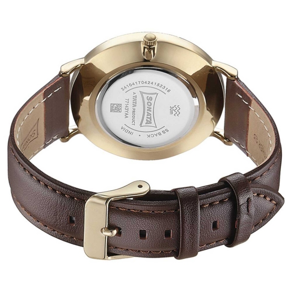 Sonata Quartz Analog White Dial Brown Leather Strap Watch For Men - Image 5