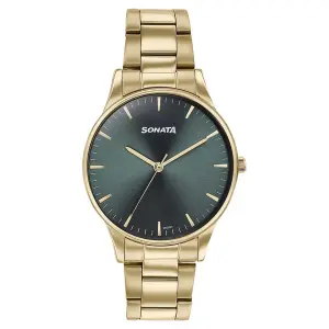 Sonata Green Dial Golden Metal Strap Analog Watch for Men