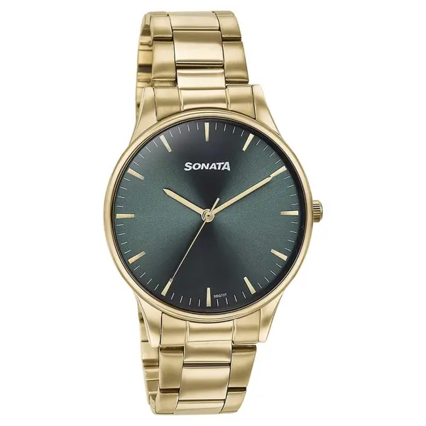 Sonata Green Dial Golden Metal Strap Analog Watch for Men - Image 2