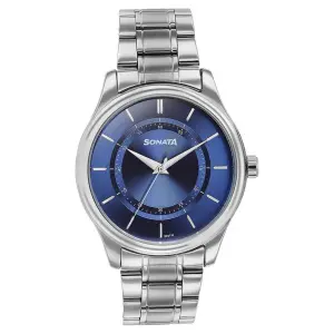 Sonata Quartz Analog Blue Round Dial Silver Stainless Steel Strap Watch For Men