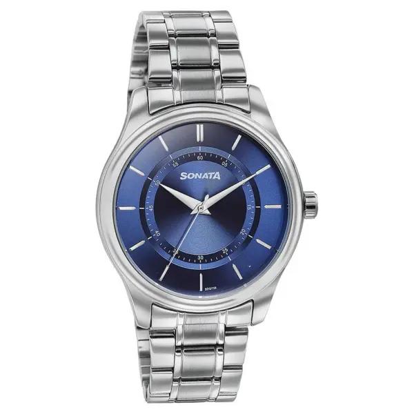 Sonata Quartz Analog Blue Round Dial Silver Stainless Steel Strap Watch For Men - Image 2