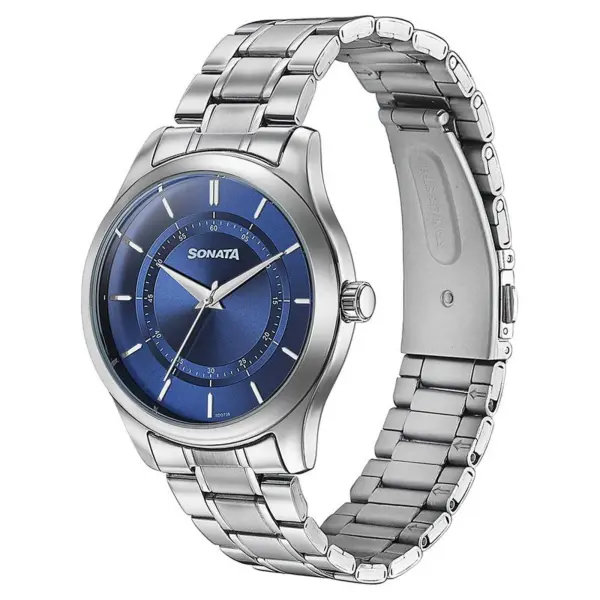 Sonata Quartz Analog Blue Round Dial Silver Stainless Steel Strap Watch For Men - Image 3