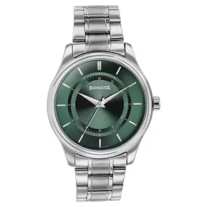 Sonata Quartz Analog Green Dial Silver Stainless Steel Strap Watch For Men