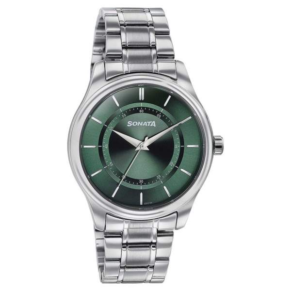 Sonata Quartz Analog Green Dial Silver Stainless Steel Strap Watch For Men - Image 2