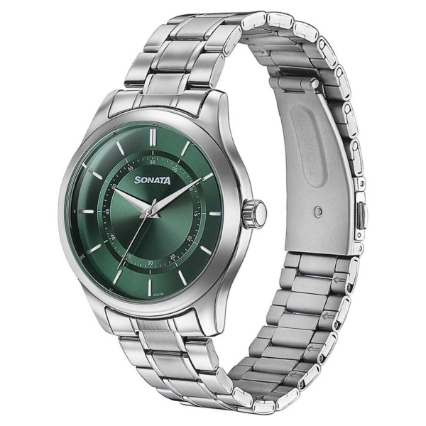 Sonata Quartz Analog Green Dial Silver Stainless Steel Strap Watch For Men - Image 3