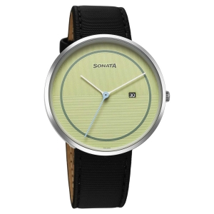 Sonata Green Dial Black Leather Strap Analog with Date Watch for Men