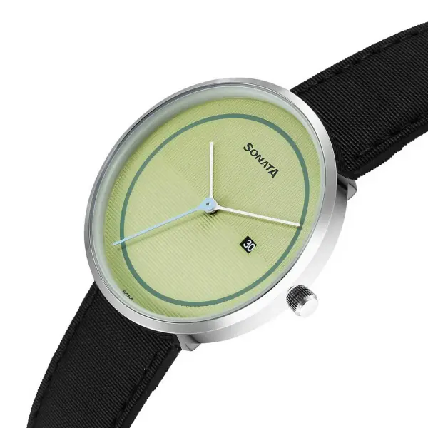 Sonata Green Dial Black Leather Strap Analog with Date Watch for Men - Image 2