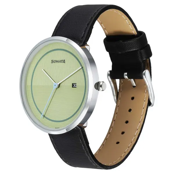 Sonata Green Dial Black Leather Strap Analog with Date Watch for Men - Image 3