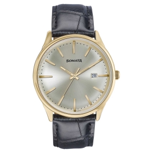 Sonata Fashion Golden Dial Black Leather Strap Analog with Date Watch for Men