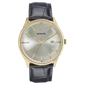 Sonata Fashion Golden Dial Black Leather Strap Analog with Date Watch for Men