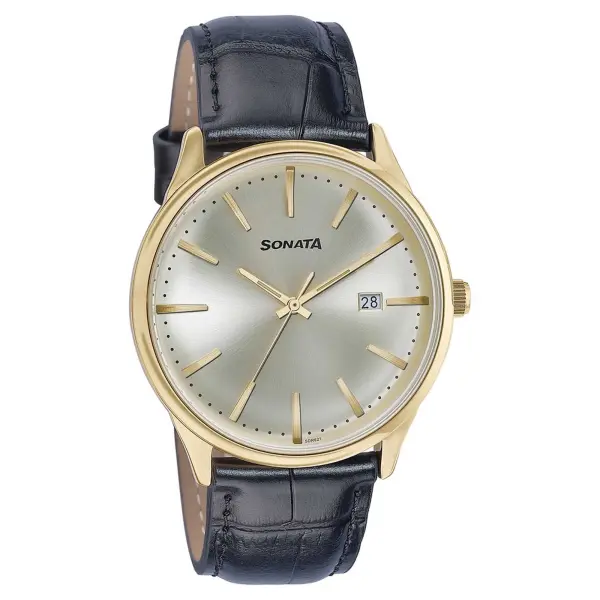 Sonata Fashion Golden Dial Black Leather Strap Analog with Date Watch for Men - Image 2