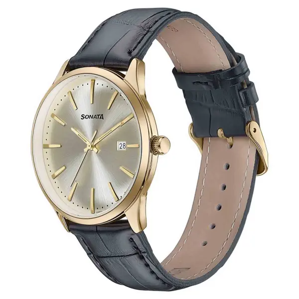 Sonata Fashion Golden Dial Black Leather Strap Analog with Date Watch for Men - Image 3