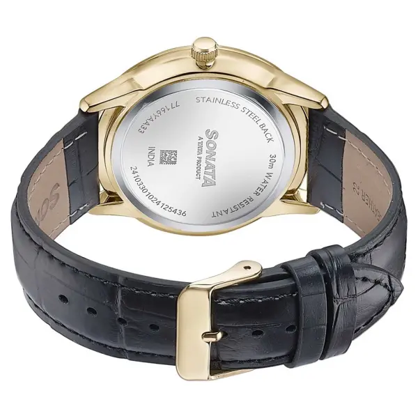Sonata Fashion Golden Dial Black Leather Strap Analog with Date Watch for Men - Image 5