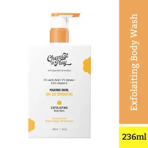Exfoliating Body Wash is enriched with 2% Lactic Acid + 2% Zemea + 0.5% Vitamin E
