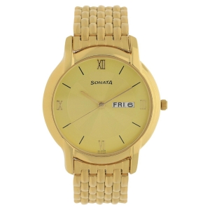 Sonata Quartz Analog with Day and Date Champagne Dial Metal Strap Watch for Men